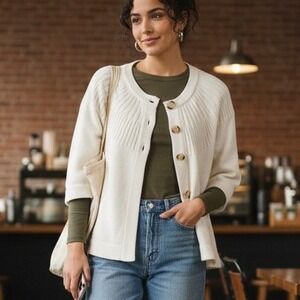 AVON‎ 1X $75 Cream Ribbed Yoke Cotton Blend Y2K Soft Top Button Swing Cardigan